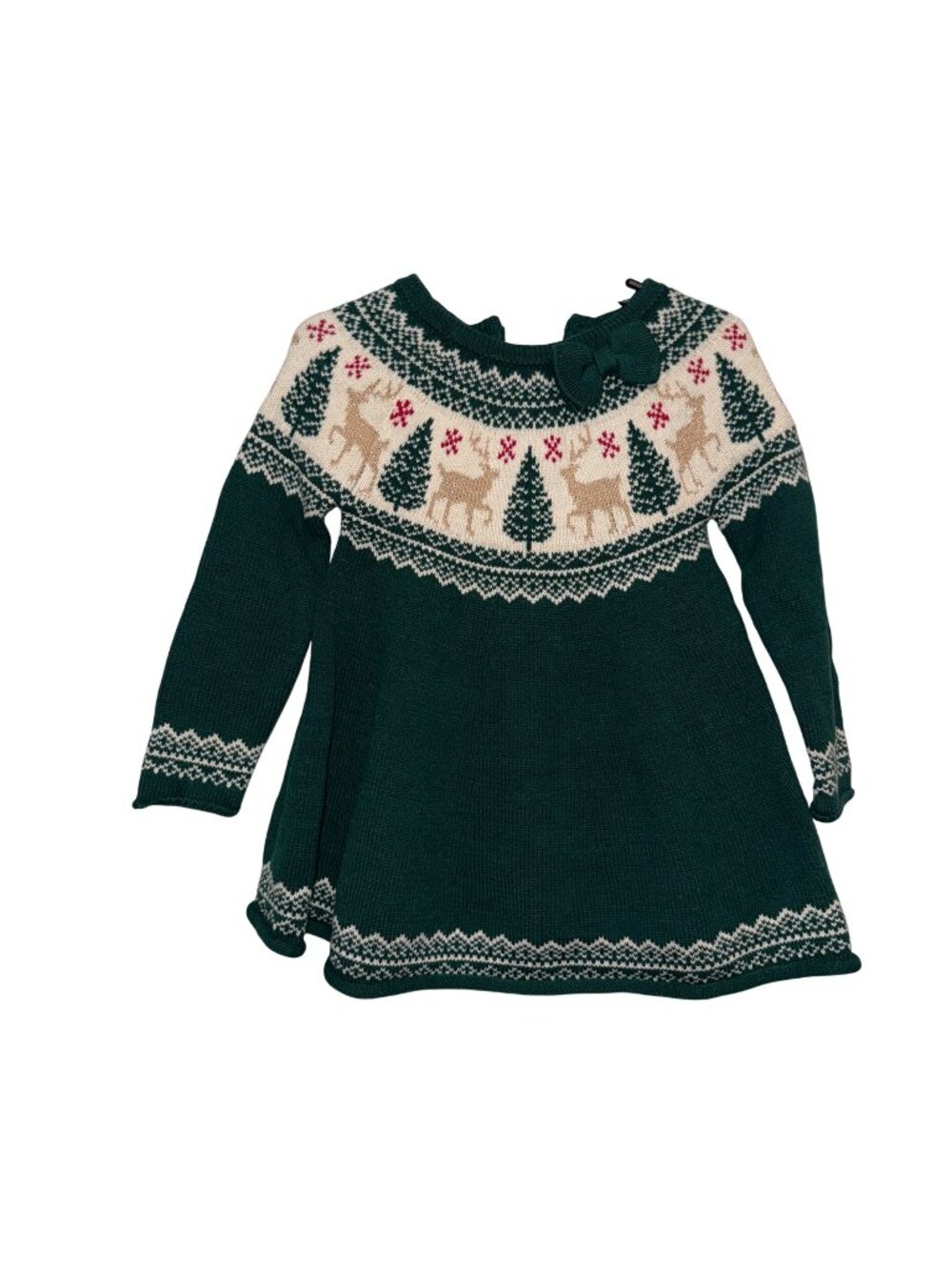 Tahari Baby Girls Green Knit Sweater Dress W/Reindeer & Tree Fair Isle Pattern